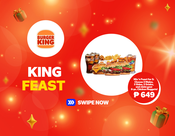 For Only  ₱649  |Burger King | Mix 'n Feast for 3:  Choose 3 Mains,  3 Sides, 3 Drinks,  and claim your  6-pc. Chicken Nuggets!