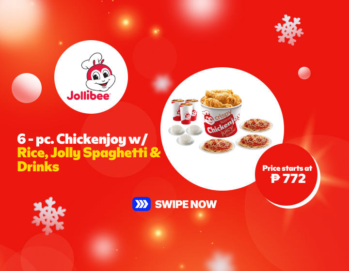 HOT! 6 - pc. Chickenjoy w/ Rice, Jolly Spaghetti & Drinks