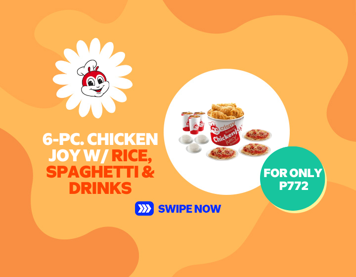 JOLLIBEE | 6-PC. CHICKEN JOY W/ RICE, SPAGHETTI & DRINKS