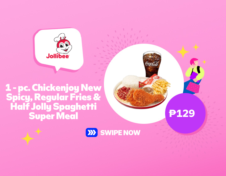 Jollibee 1-pc Chickenjoy New Spicy, Regular Fries and Half Jolly Spaghetti Super Meal