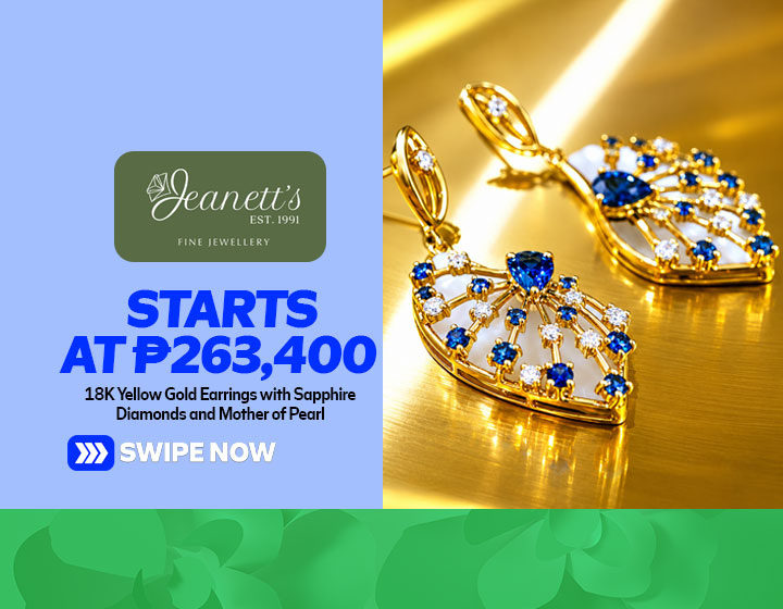 18k HK Yellow Gold Earrings with Sapphire, Diamonds, and Mother of Pearl start at P263,400
