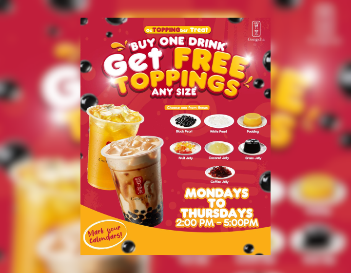 1 FREE TOPPING with every drink purchase (any size)