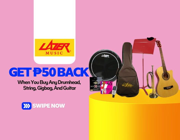 Get ₱50 Bak When You Buy any drumhead, string, gigbag, and guitar